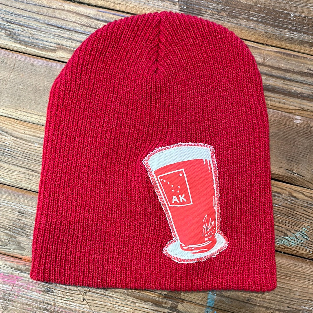 Sewn patch red beanie