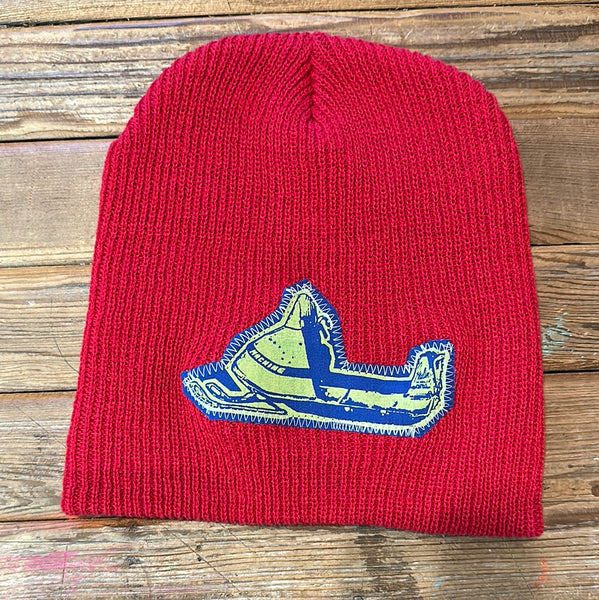 Sewn patch red beanie